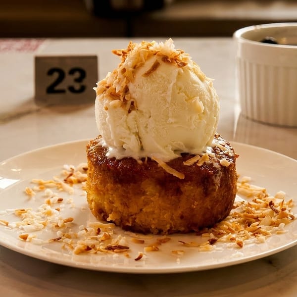 A golden-brown dessert with a scoop of vanilla ice cream and toasted coconut flakes on a white plate.