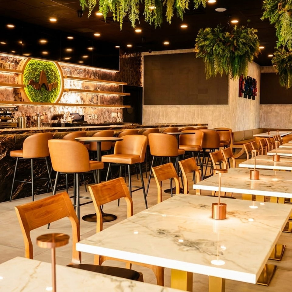 Modern restaurant interior with a marble bar, brown leather stools, and white marble tables with gold accents.