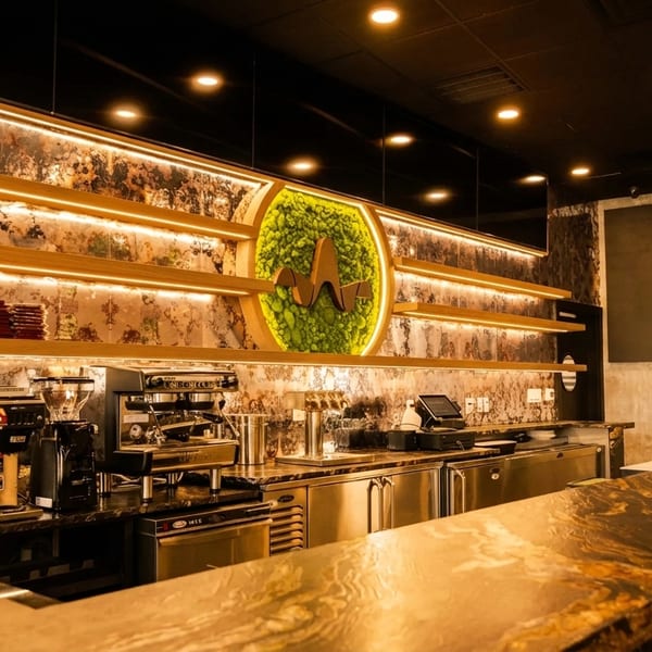 Modern bar area with espresso machines, illuminated shelves, and a green moss art piece.