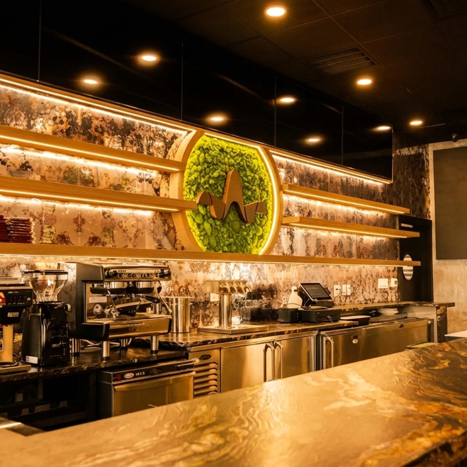 Modern bar area with espresso machines, illuminated shelves, and a green moss art piece.