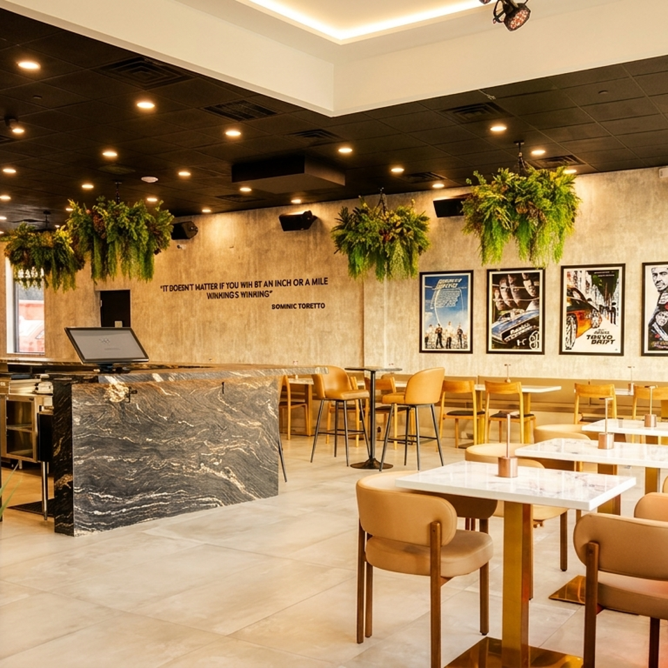 Modern restaurant interior with marble bar, light wood tables, tan chairs, and movie posters on the wall.