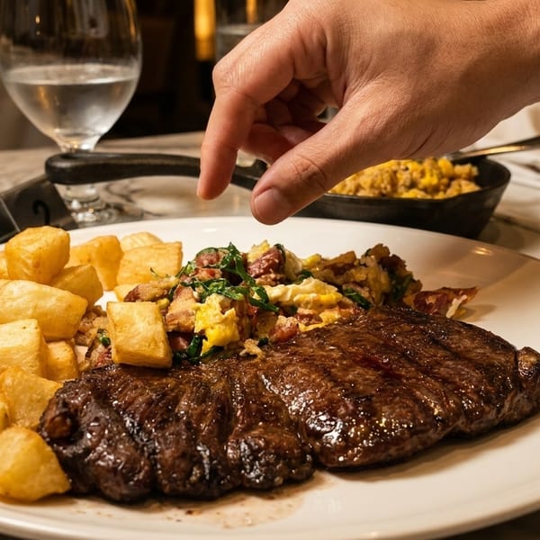 A hand garnishes a steak and eggs breakfast with crispy potatoes on a white plate.