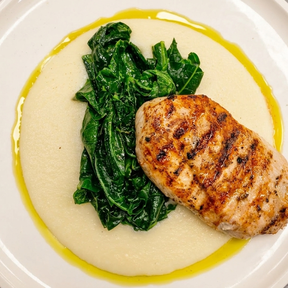 Grilled chicken breast with sautéed greens and polenta, drizzled with olive oil on a white plate.