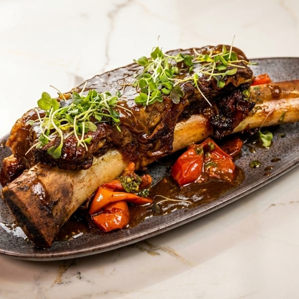Braised short ribs on the bone, garnished with microgreens and roasted tomatoes, on a dark plate.