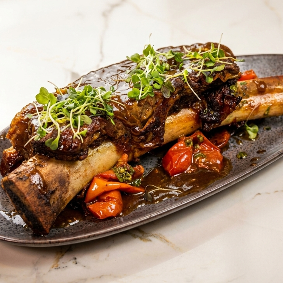 Braised short ribs on the bone, garnished with microgreens and roasted tomatoes, on a dark plate.